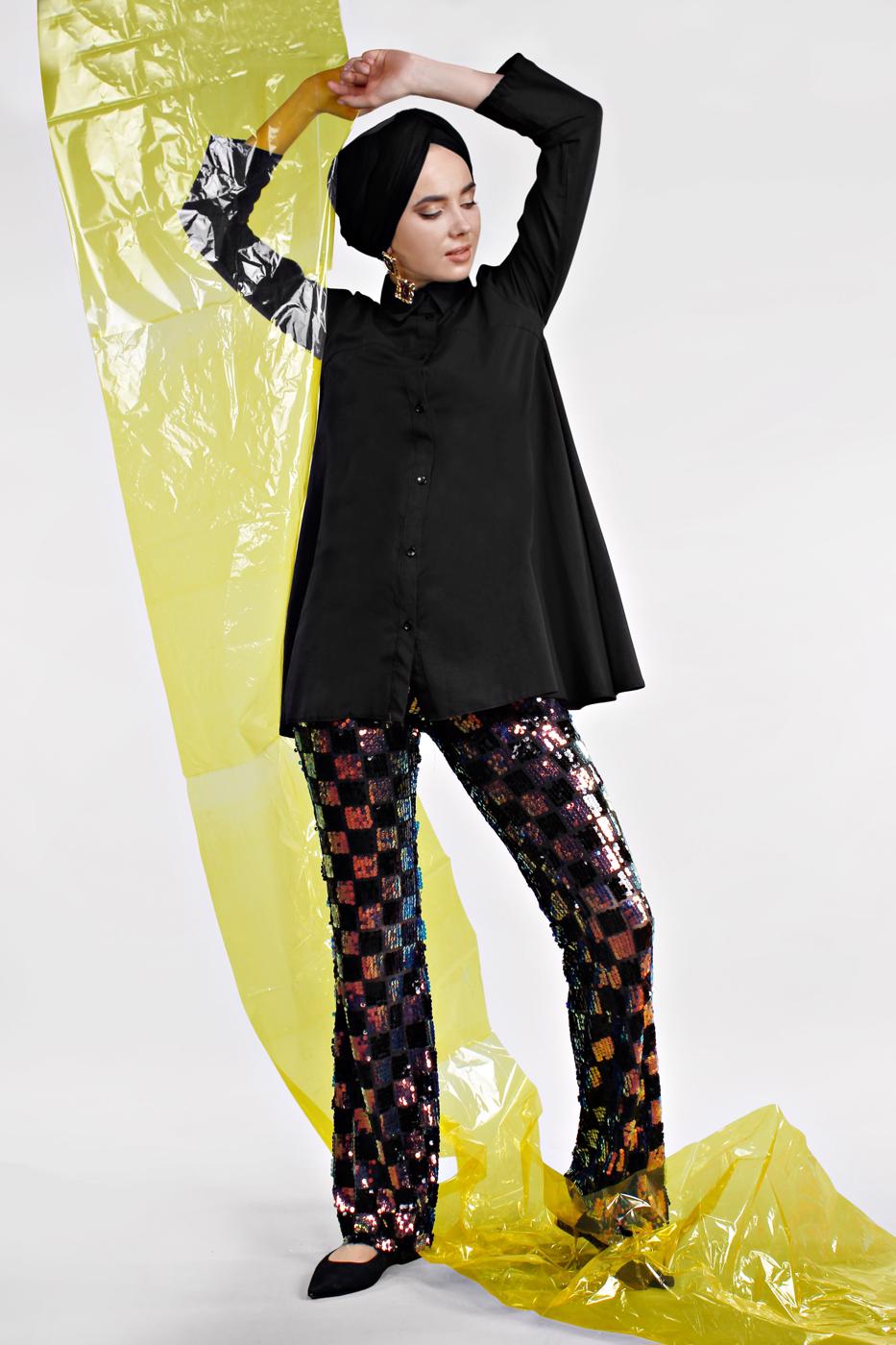 Tesettür giyim SİYAH PAMUKLU VOLANLI TUNİK 1003