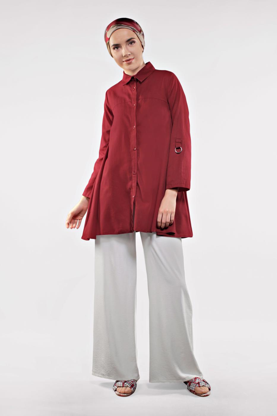Tesettür giyim KIRMIZI PAMUKLU VOLANLI TUNİK 1003