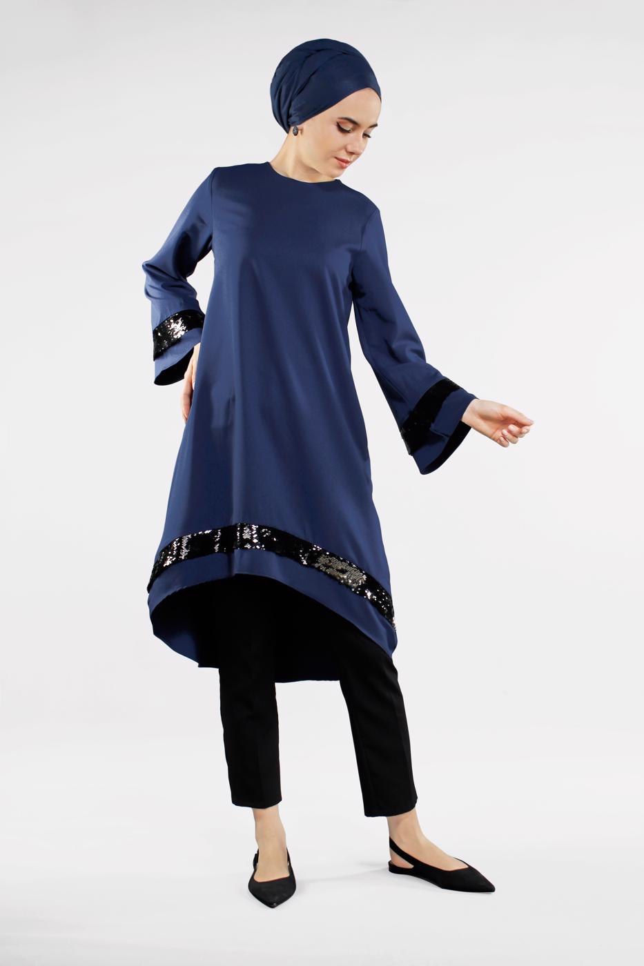 Tesettür giyim LACİVERT ETEK UCU OVAL KESİM PUL PAYETLİ TUNİK 1032