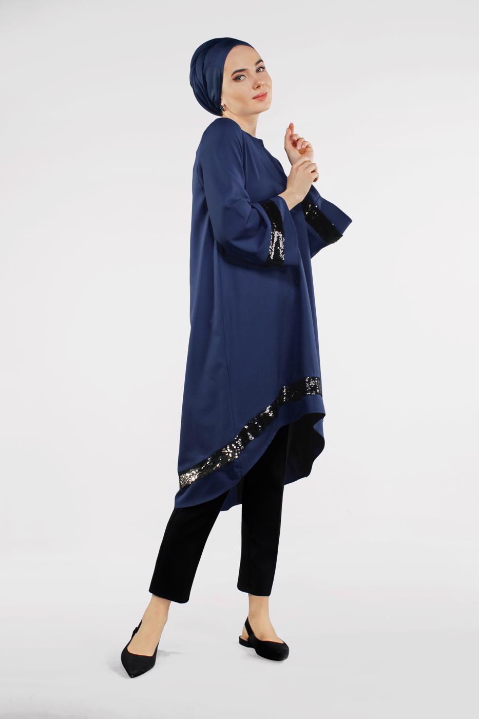 Tesettür giyim LACİVERT ETEK UCU OVAL KESİM PUL PAYETLİ TUNİK 1032