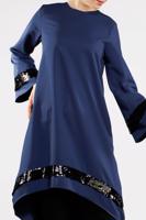 Tesettür giyim LACİVERT ETEK UCU OVAL KESİM PUL PAYETLİ TUNİK 1032