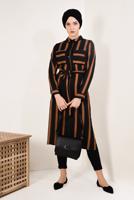 Tesettür giyim SİYAH BELİ KUŞAKLI ÇİZGİ DESENLİ UZUN TUNİK T 1126