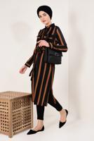Tesettür giyim SİYAH BELİ KUŞAKLI ÇİZGİ DESENLİ UZUN TUNİK T 1126