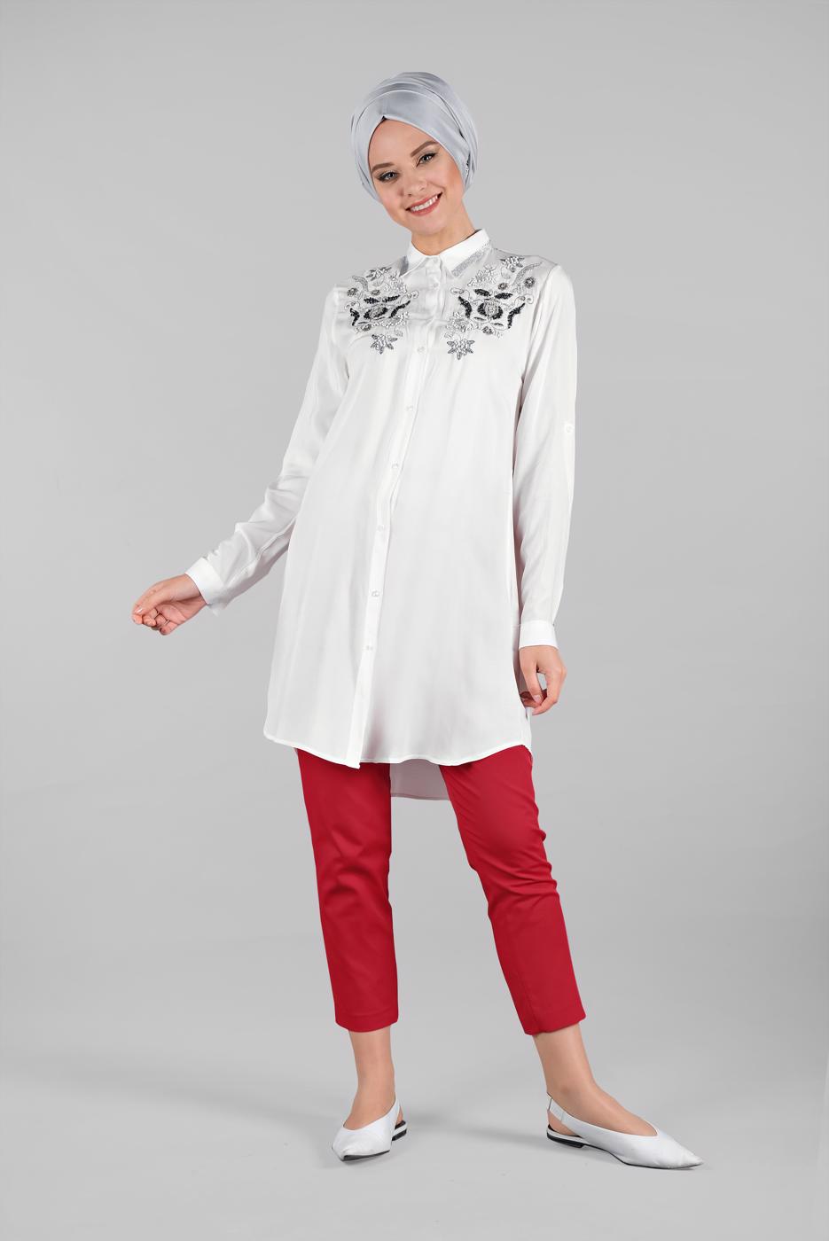 Hijab clothing WHITE BEADED SPARKLY EMBROIDERED TUNIC  1174 