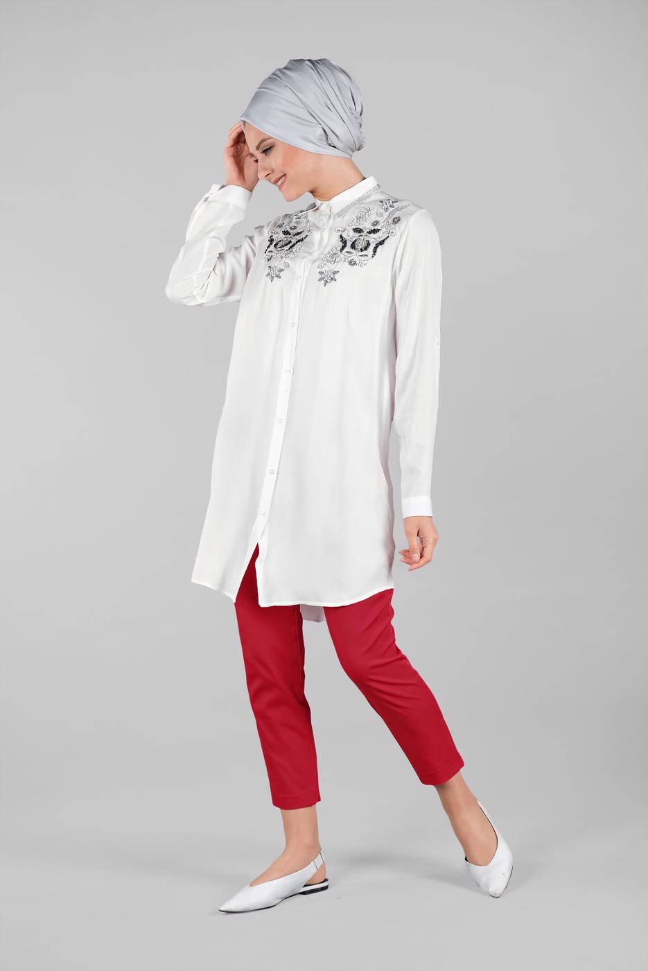 Hijab clothing WHITE BEADED SPARKLY EMBROIDERED TUNIC  1174 