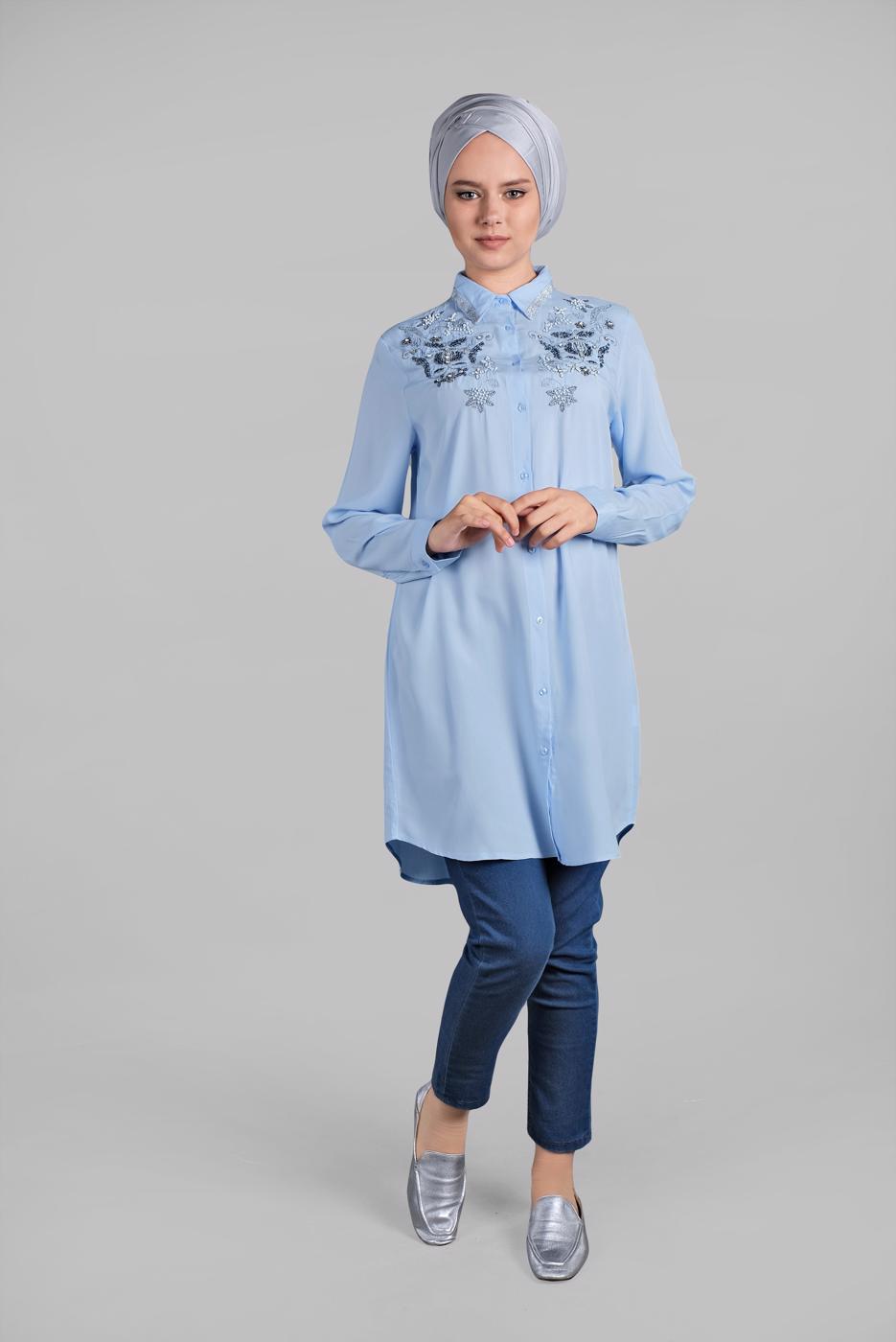 Hijab clothing BLUE BEADED SPARKLY EMBROIDERED TUNIC  1174 