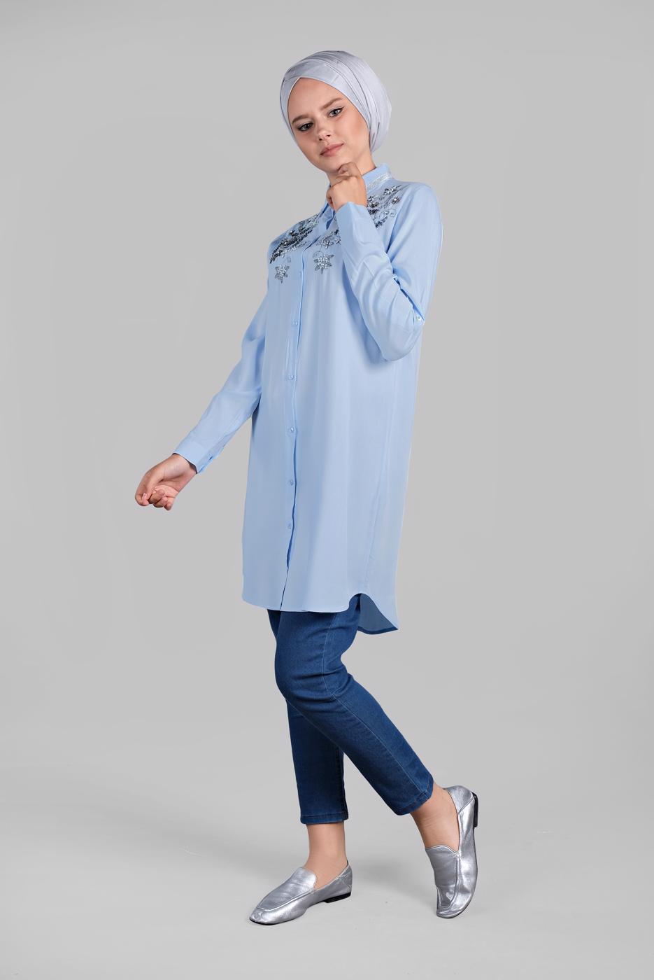 Hijab clothing BLUE BEADED SPARKLY EMBROIDERED TUNIC  1174 