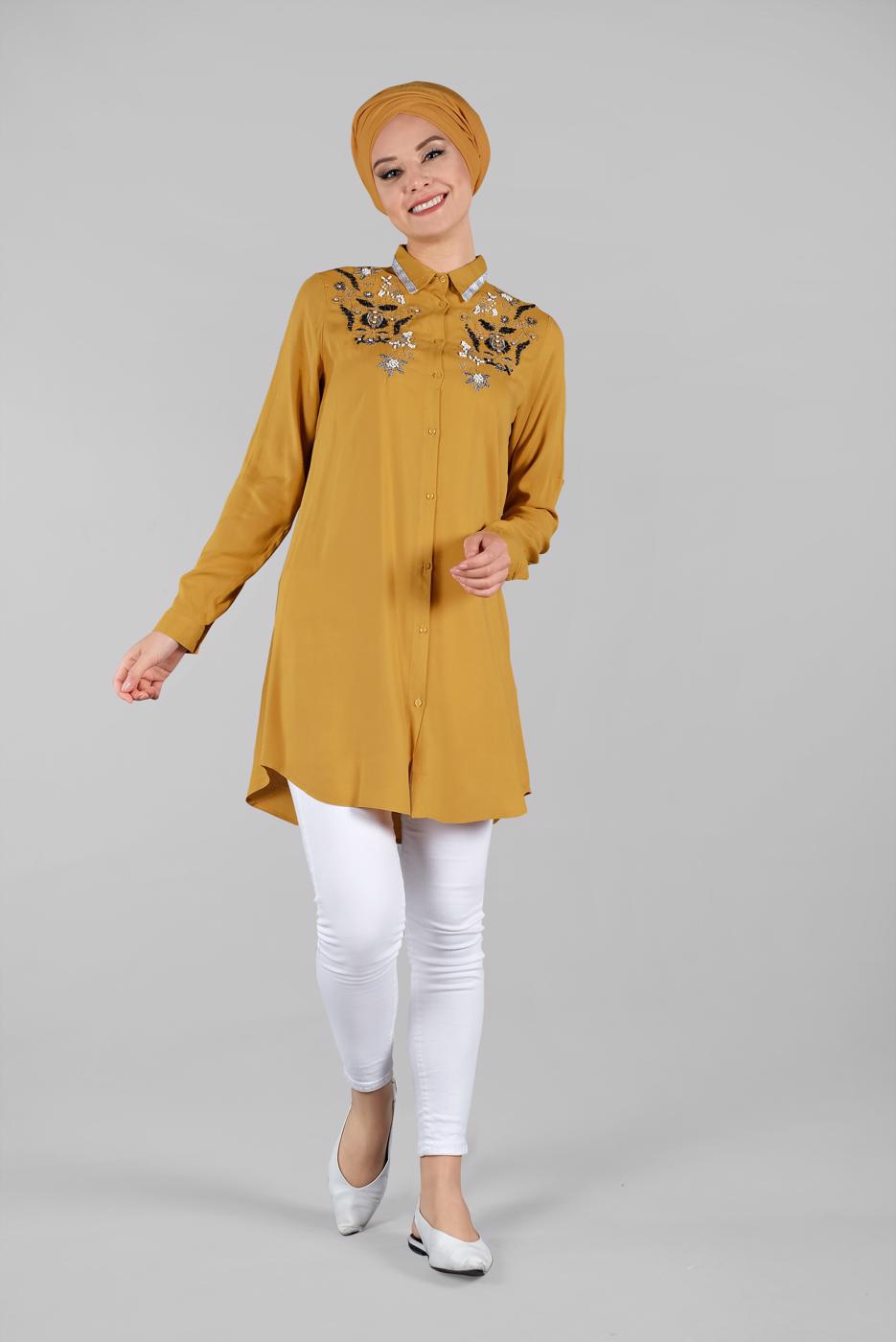 Vêtements hijab ORANGE TUNIQUE EN BRILLANTE À VERROTERIES 1174 