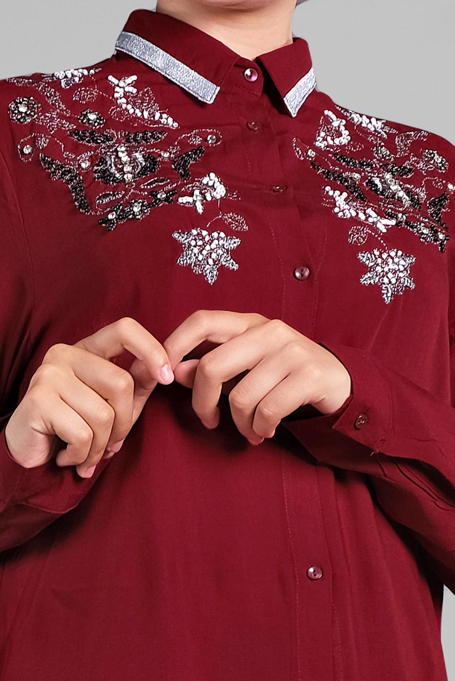 Hijab clothing CLARET RED BEADED SPARKLY EMBROIDERED TUNIC  1174 