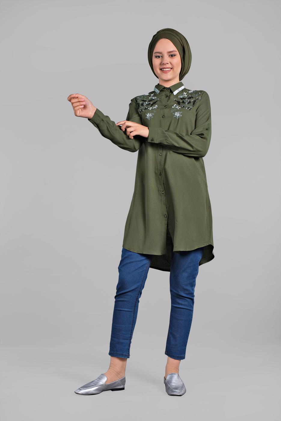 Vêtements hijab KAKI TUNIQUE EN BRILLANTE À VERROTERIES 1174 