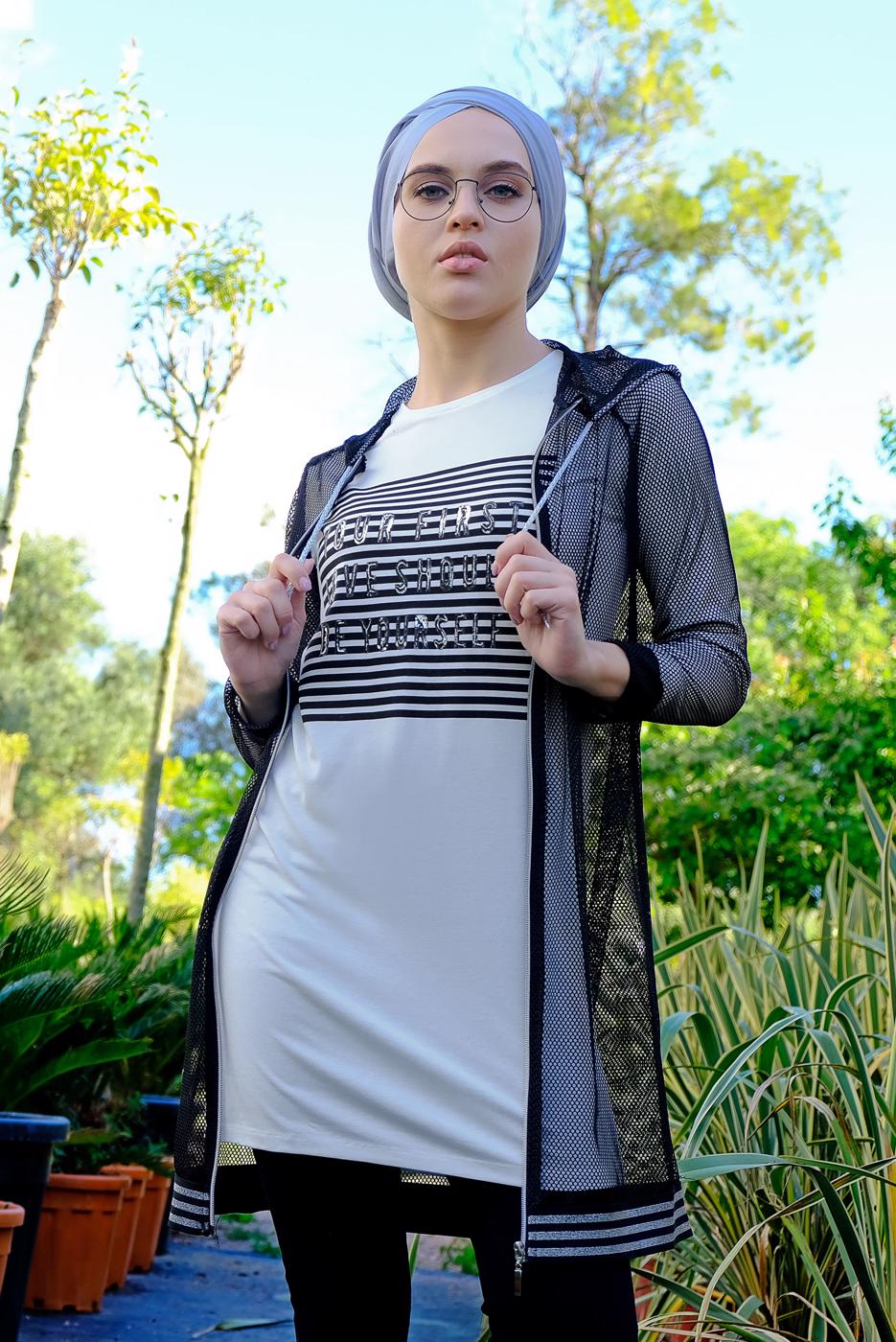 Tesettür giyim SİYAH FİLE CEKETLİ 2&prime;Lİ TUNİK T 1211