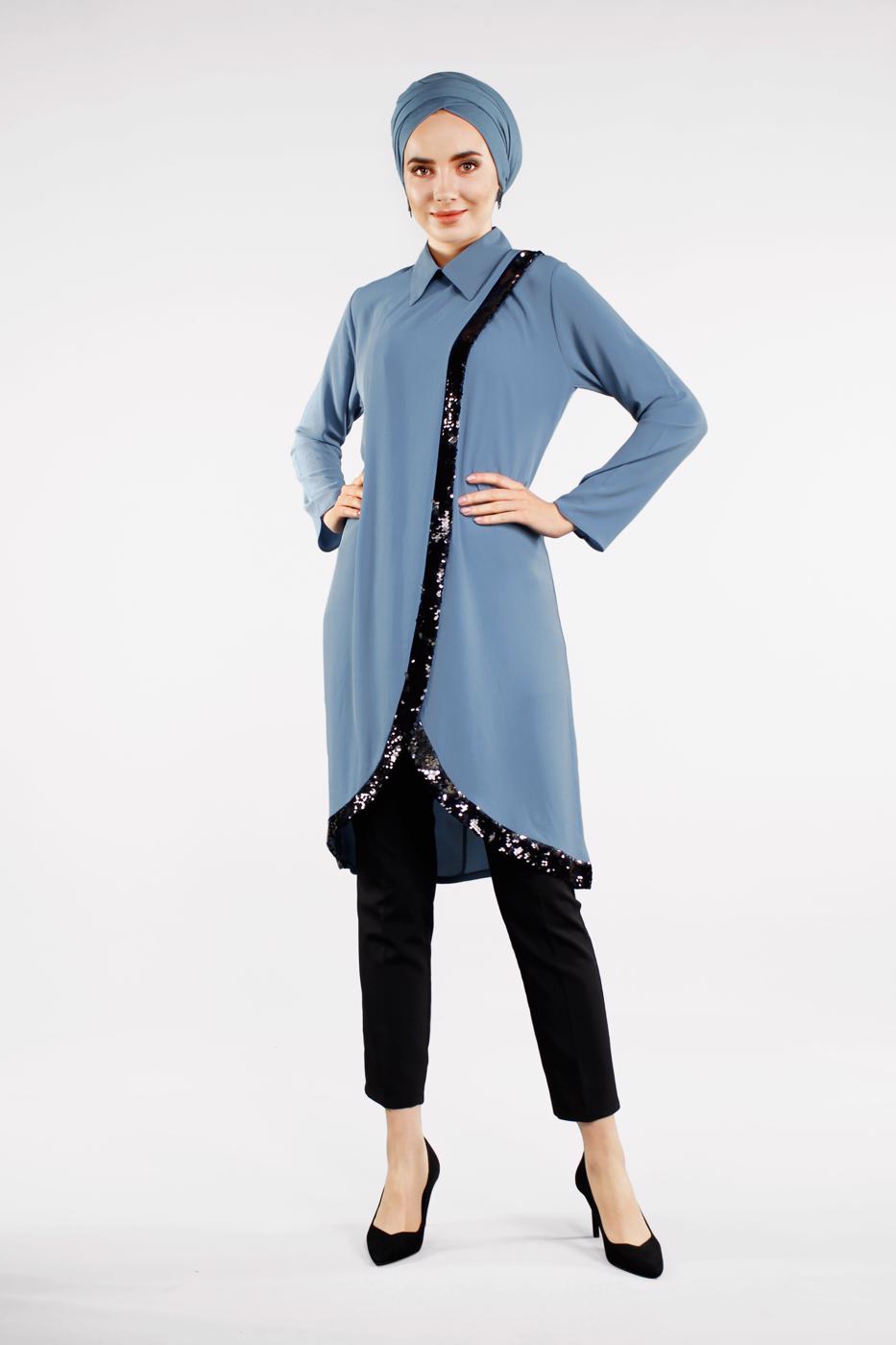 Tesettür giyim MAVİ PUL PAYET ŞERİTLİ ASİMETRİK TUNİK 1223