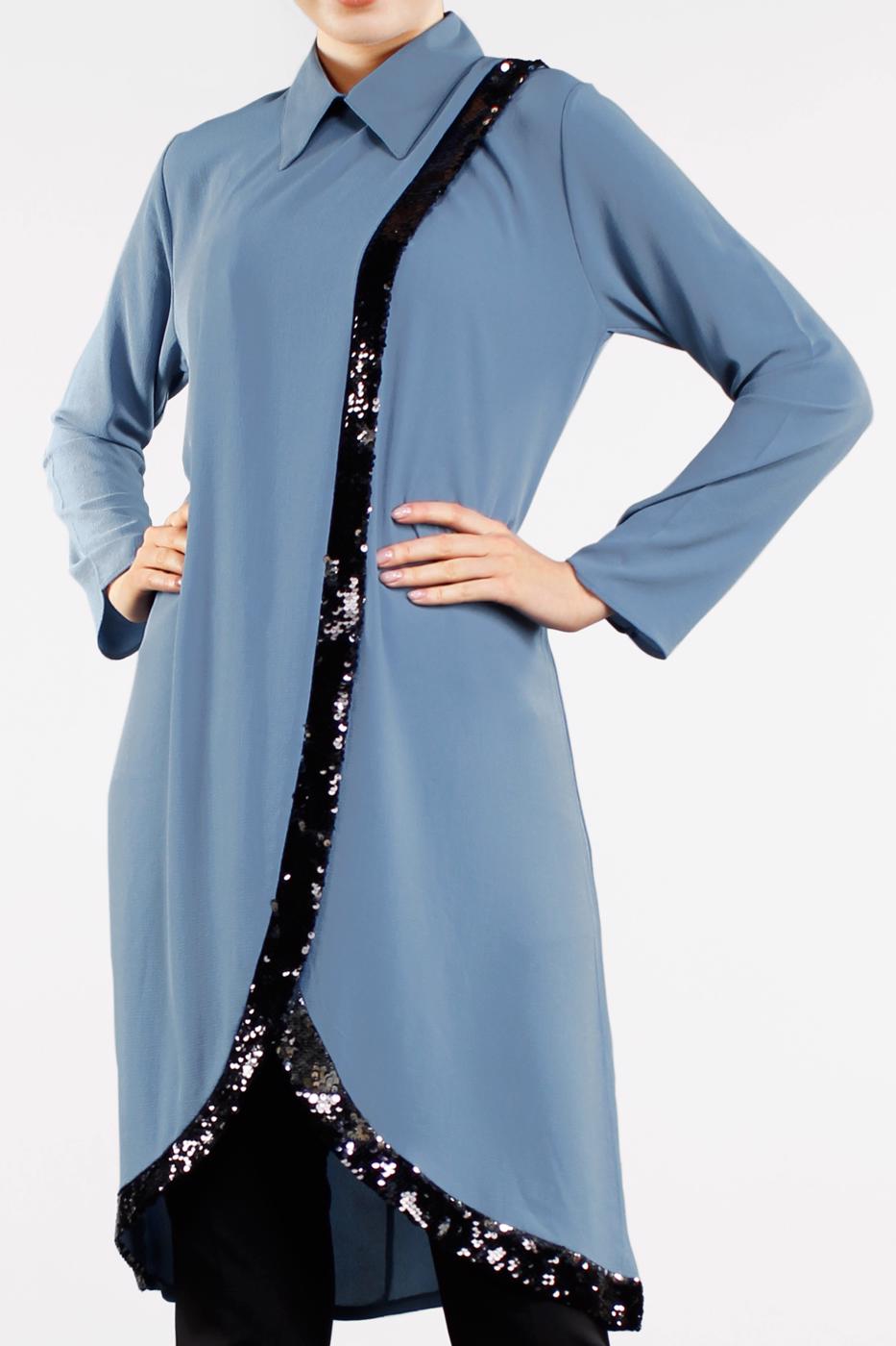 Tesettür giyim MAVİ PUL PAYET ŞERİTLİ ASİMETRİK TUNİK 1223