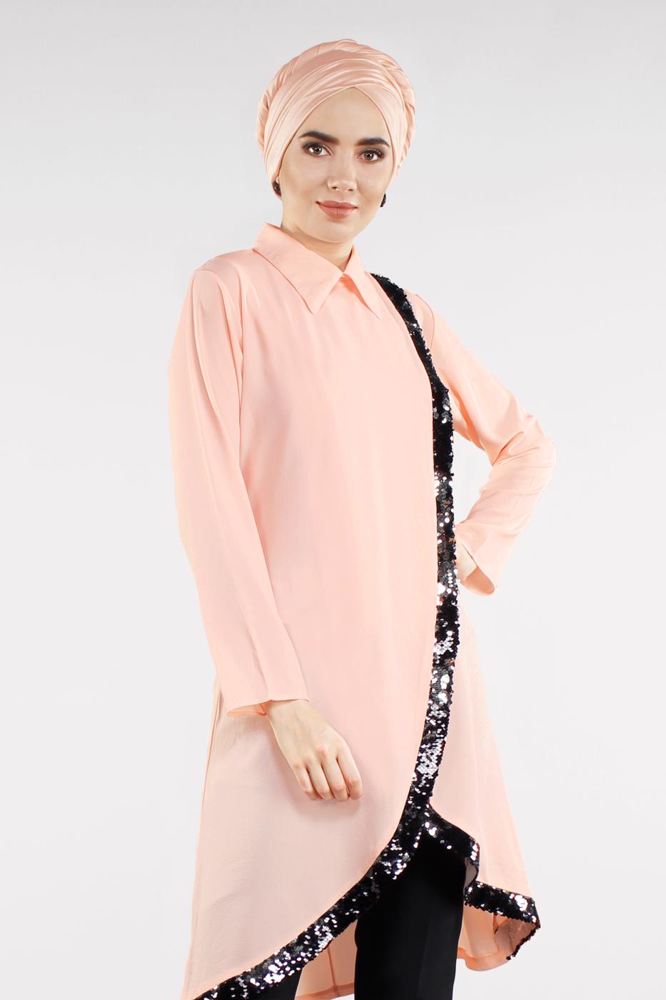 Tesettür giyim PUDRA PUL PAYET ŞERİTLİ ASİMETRİK TUNİK 1223