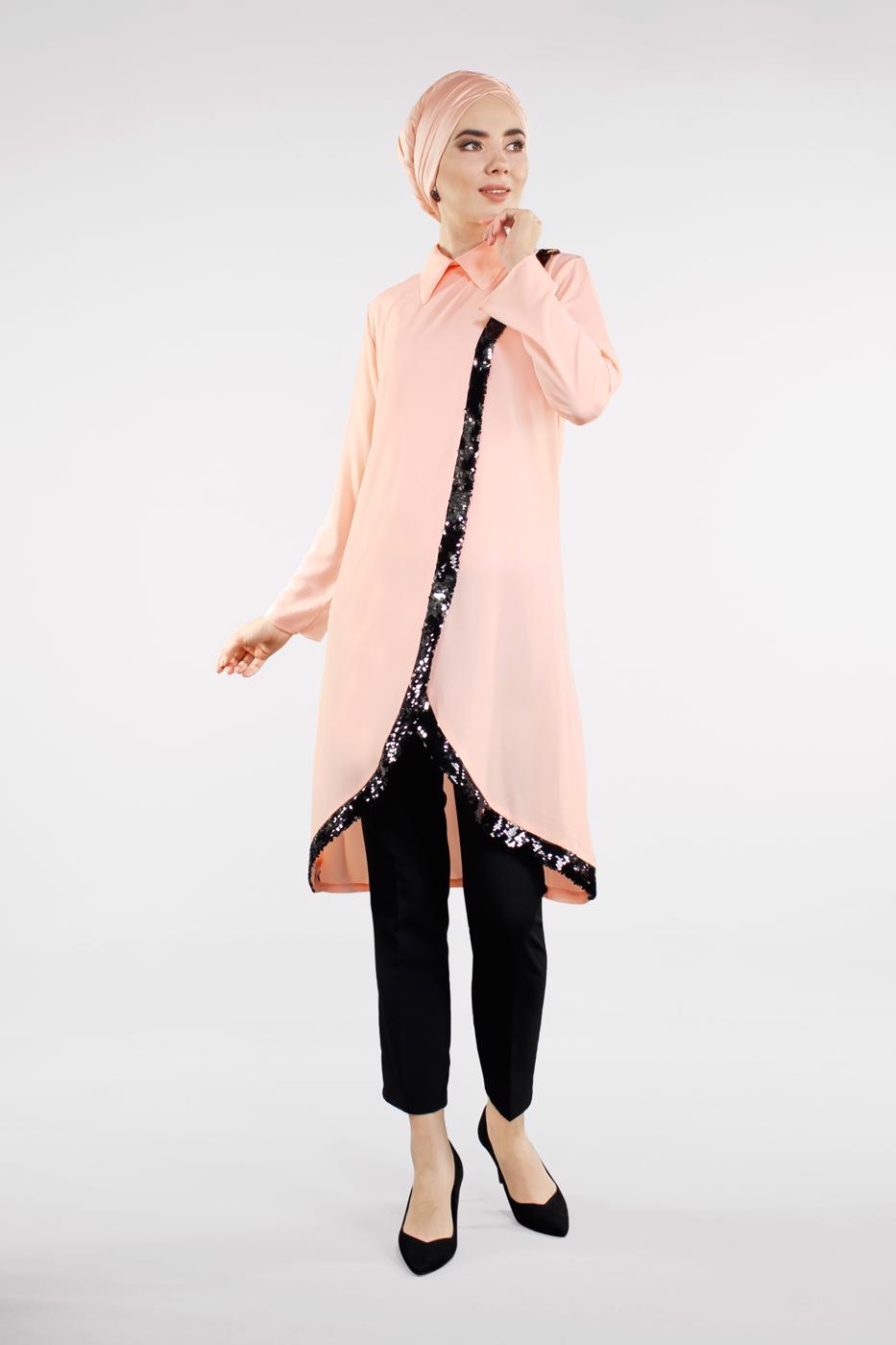 Tesettür giyim PUDRA PUL PAYET ŞERİTLİ ASİMETRİK TUNİK 1223