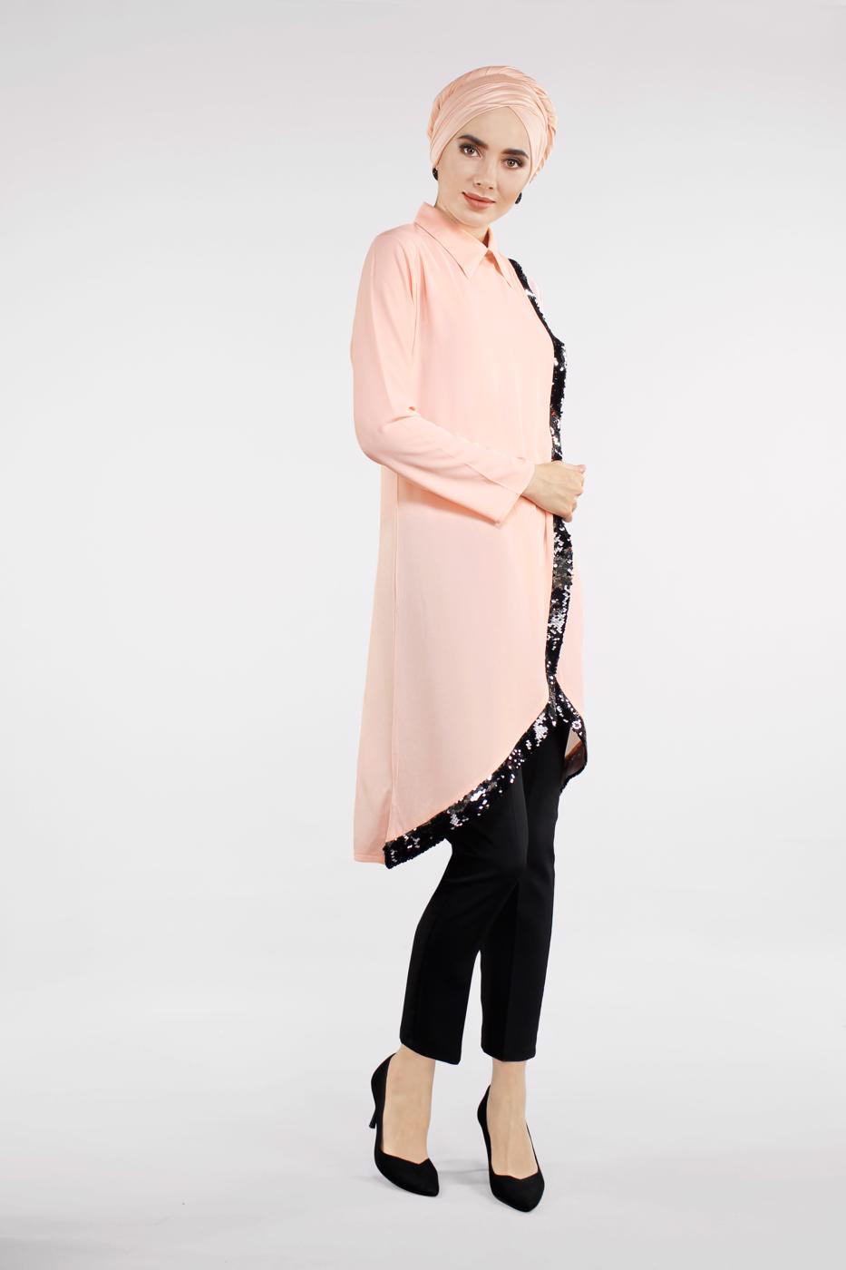 Tesettür giyim PUDRA PUL PAYET ŞERİTLİ ASİMETRİK TUNİK 1223