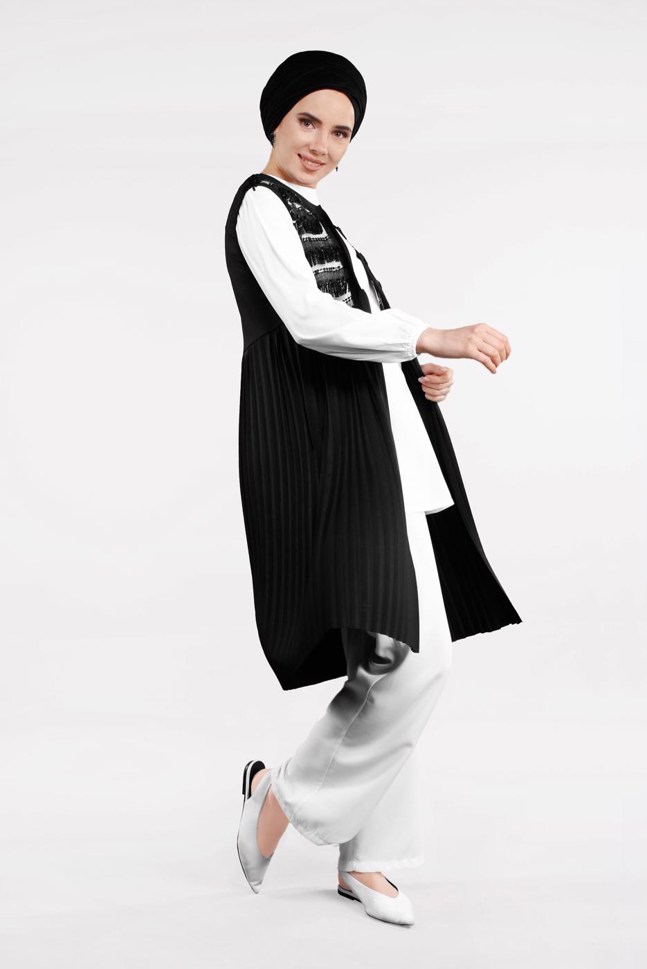 Tesettür giyim SİYAH PUL DETAYLI PİLİSELİ 2&prime;Lİ YELEKLİ TUNİK 1243 