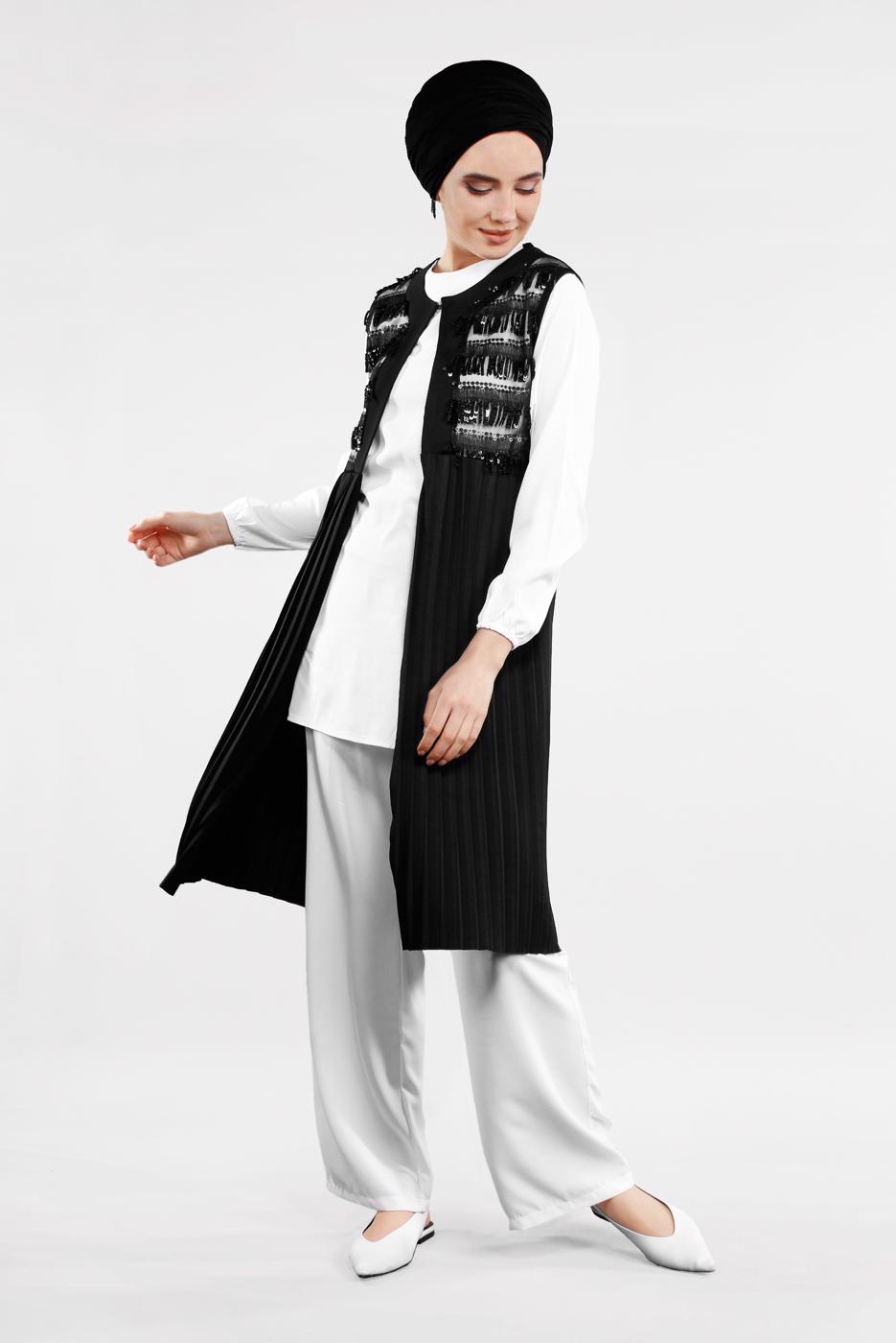Tesettür giyim SİYAH PUL DETAYLI PİLİSELİ 2&prime;Lİ YELEKLİ TUNİK 1243 
