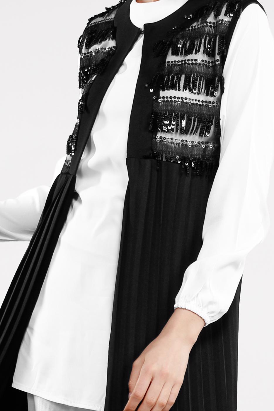 Tesettür giyim SİYAH PUL DETAYLI PİLİSELİ 2&prime;Lİ YELEKLİ TUNİK 1243 