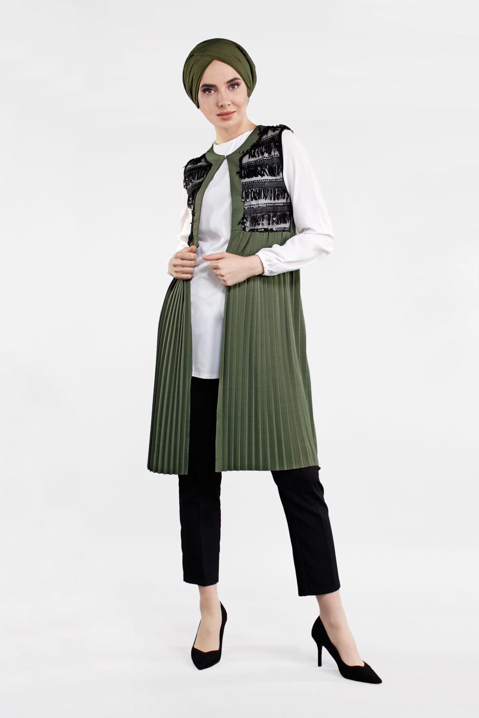 Tesettür giyim HAKİ PUL DETAYLI PİLİSELİ 2&prime;Lİ YELEKLİ TUNİK 1243 