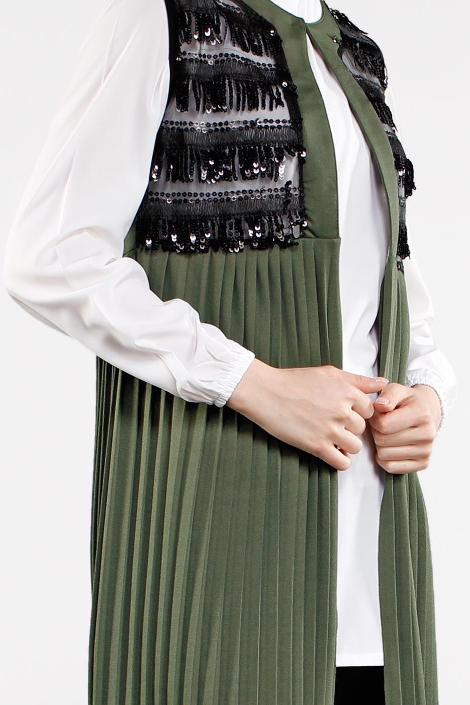 Tesettür giyim HAKİ PUL DETAYLI PİLİSELİ 2&prime;Lİ YELEKLİ TUNİK 1243 