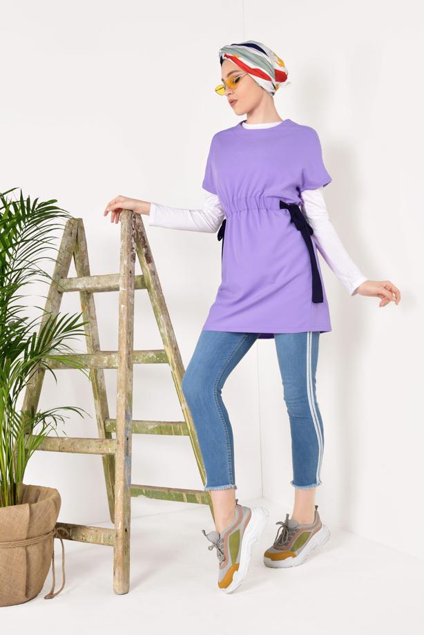 Tesettür giyim  BELİ LASTİKLİ YARIM KOL TUNİK T 1810 - TRENDTESETTÜR