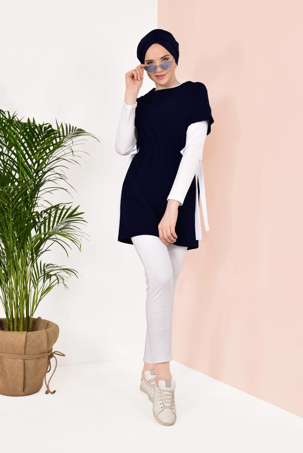 Tesettür giyim  BELİ LASTİKLİ YARIM KOL TUNİK T 1810 - TRENDTESETTÜR