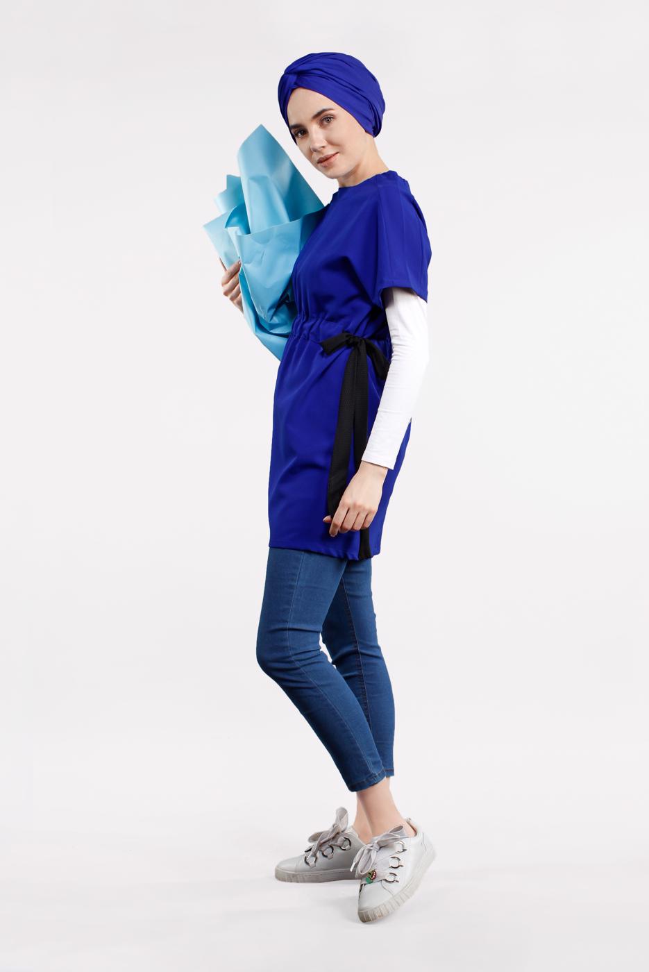 Hijab clothing NAVY BLUE SMOCKED-WAIST TUNIC 1810 