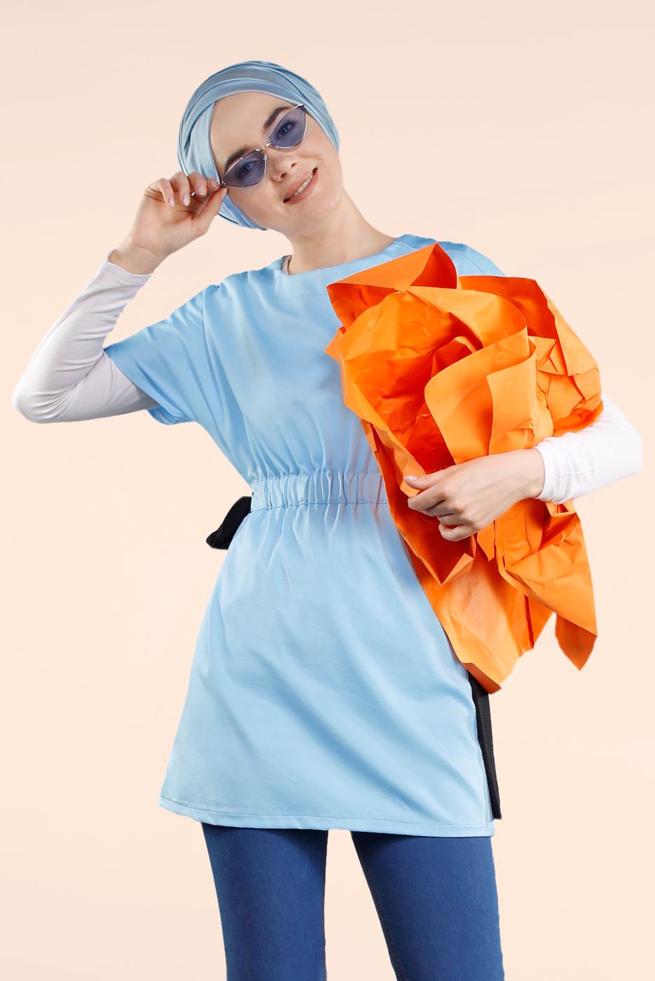 Vêtements hijab BLEU TUNIQUE TAILLE À SMOCKS 1810 