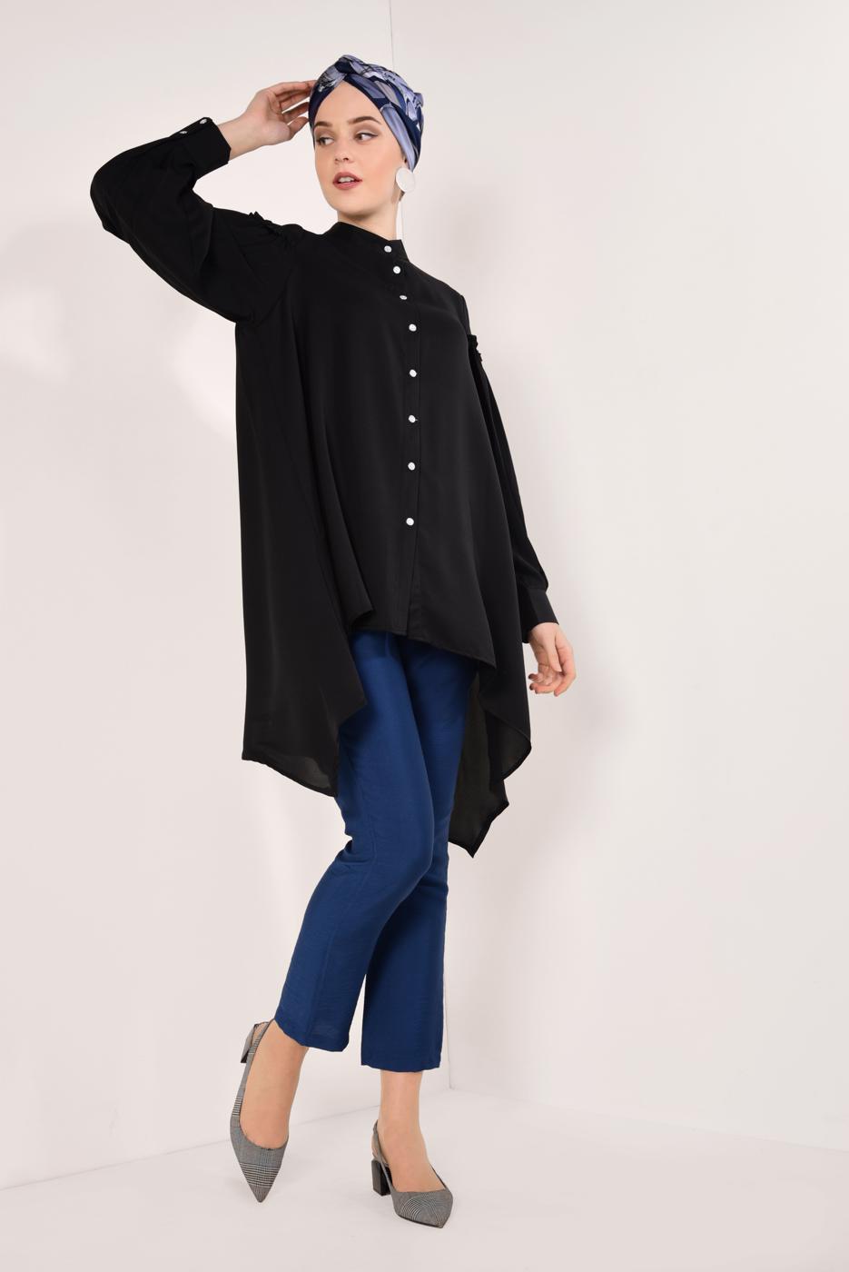 Tesettür giyim SİYAH KOLLARI PİLİSELİ ASİMETRİK TUNİK T 1826