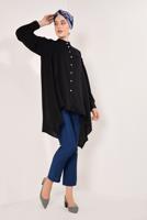 Tesettür giyim SİYAH KOLLARI PİLİSELİ ASİMETRİK TUNİK T 1826