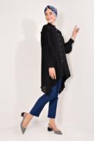 Tesettür giyim SİYAH KOLLARI PİLİSELİ ASİMETRİK TUNİK T 1826