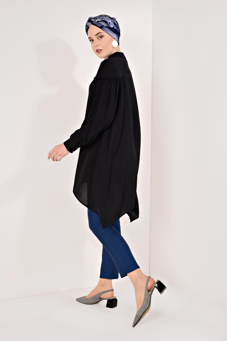Tesettür giyim SİYAH KOLLARI PİLİSELİ ASİMETRİK TUNİK T 1826