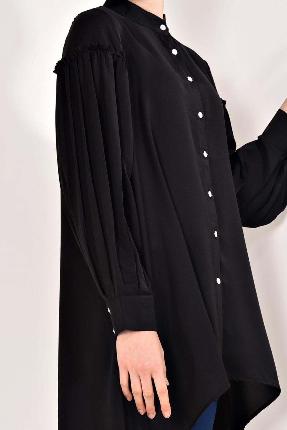 Tesettür giyim SİYAH KOLLARI PİLİSELİ ASİMETRİK TUNİK T 1826