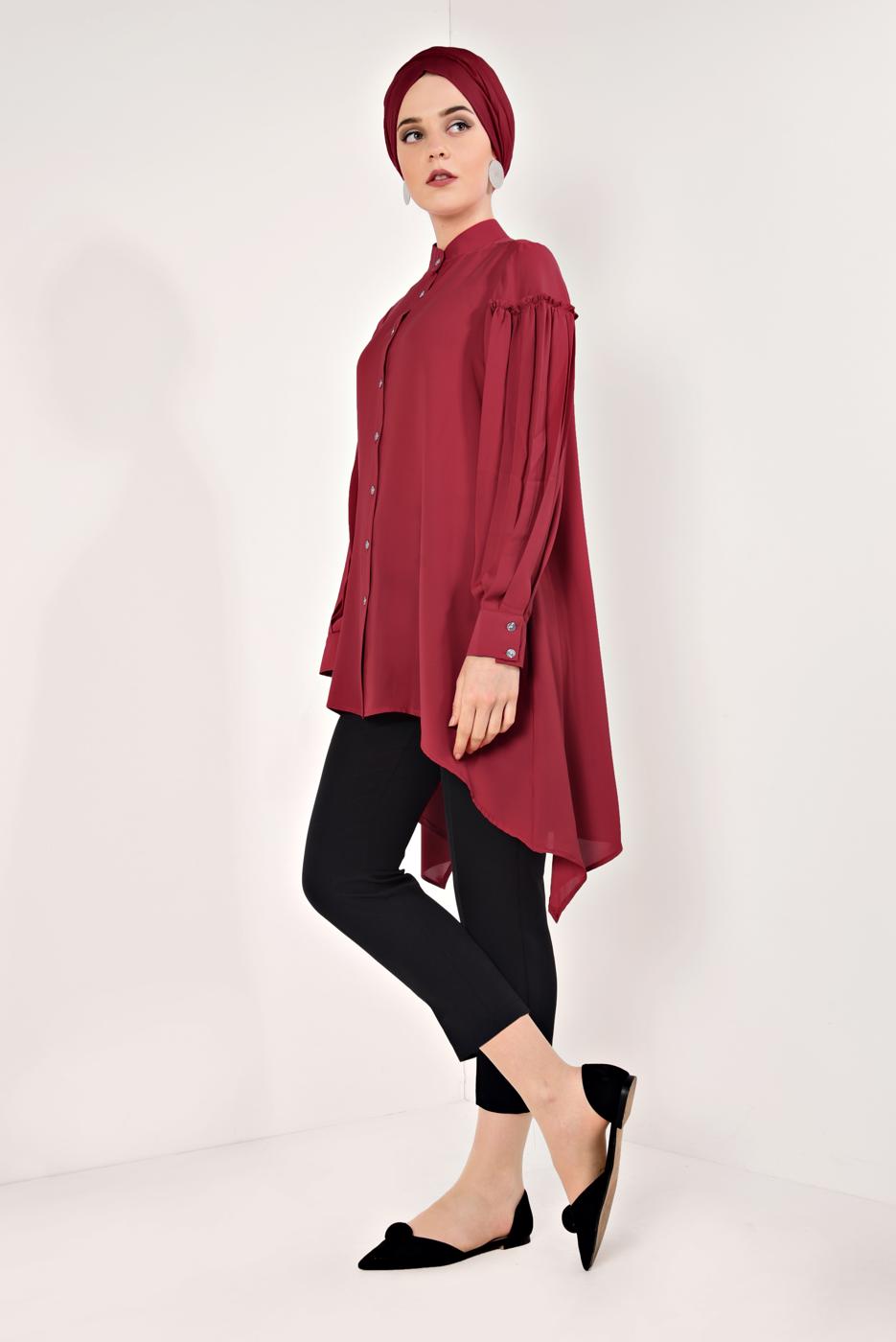 Tesettür giyim KIRMIZI KOLLARI PİLİSELİ ASİMETRİK TUNİK T 1826