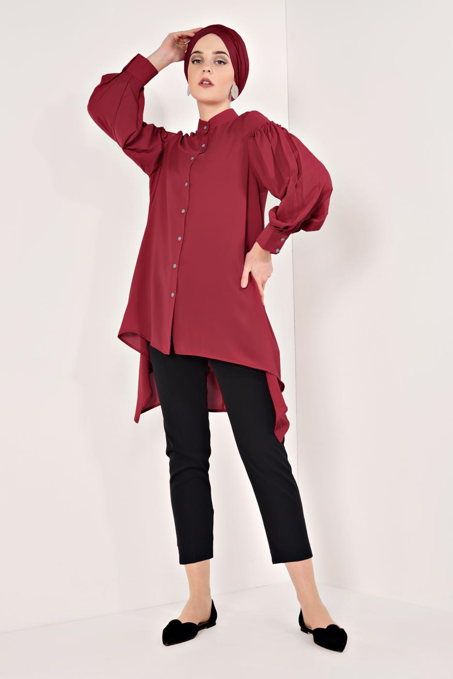 Tesettür giyim KIRMIZI KOLLARI PİLİSELİ ASİMETRİK TUNİK T 1826