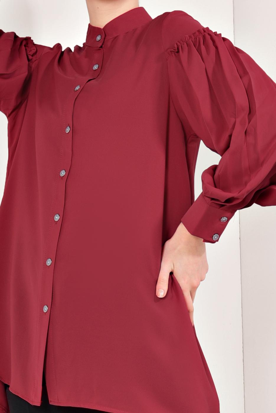 Tesettür giyim KIRMIZI KOLLARI PİLİSELİ ASİMETRİK TUNİK T 1826