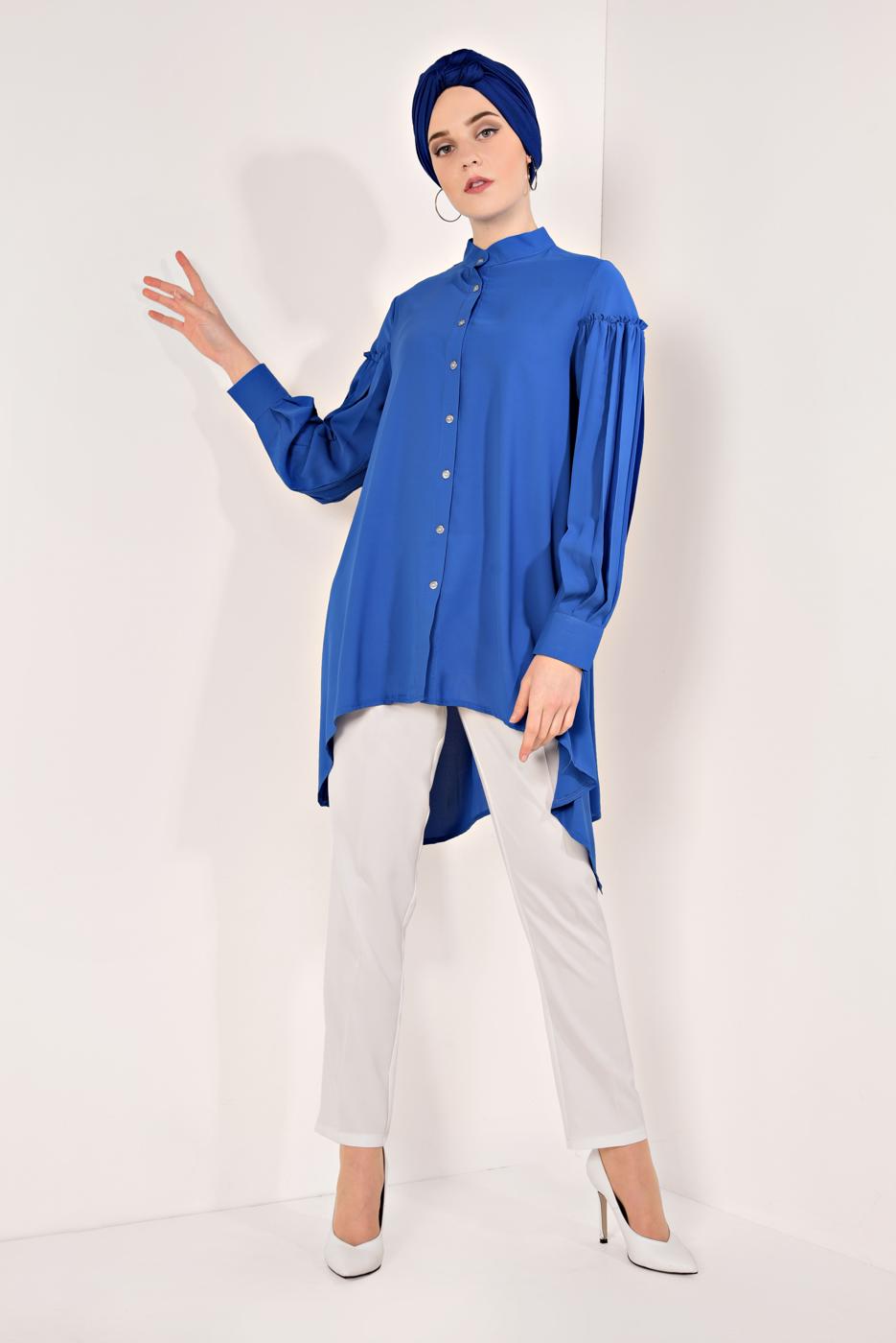 Tesettür giyim LACİVERT KOLLARI PİLİSELİ ASİMETRİK TUNİK T 1826