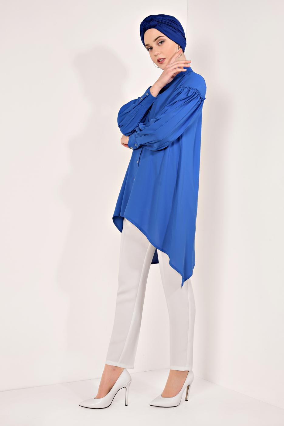 Tesettür giyim LACİVERT KOLLARI PİLİSELİ ASİMETRİK TUNİK T 1826