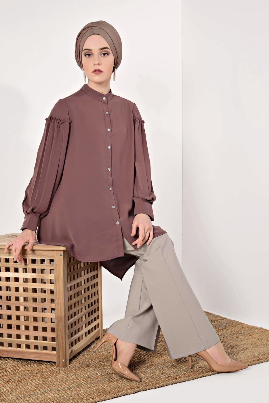 Tesettür giyim PEMBE KOLLARI PİLİSELİ ASİMETRİK TUNİK T 1826