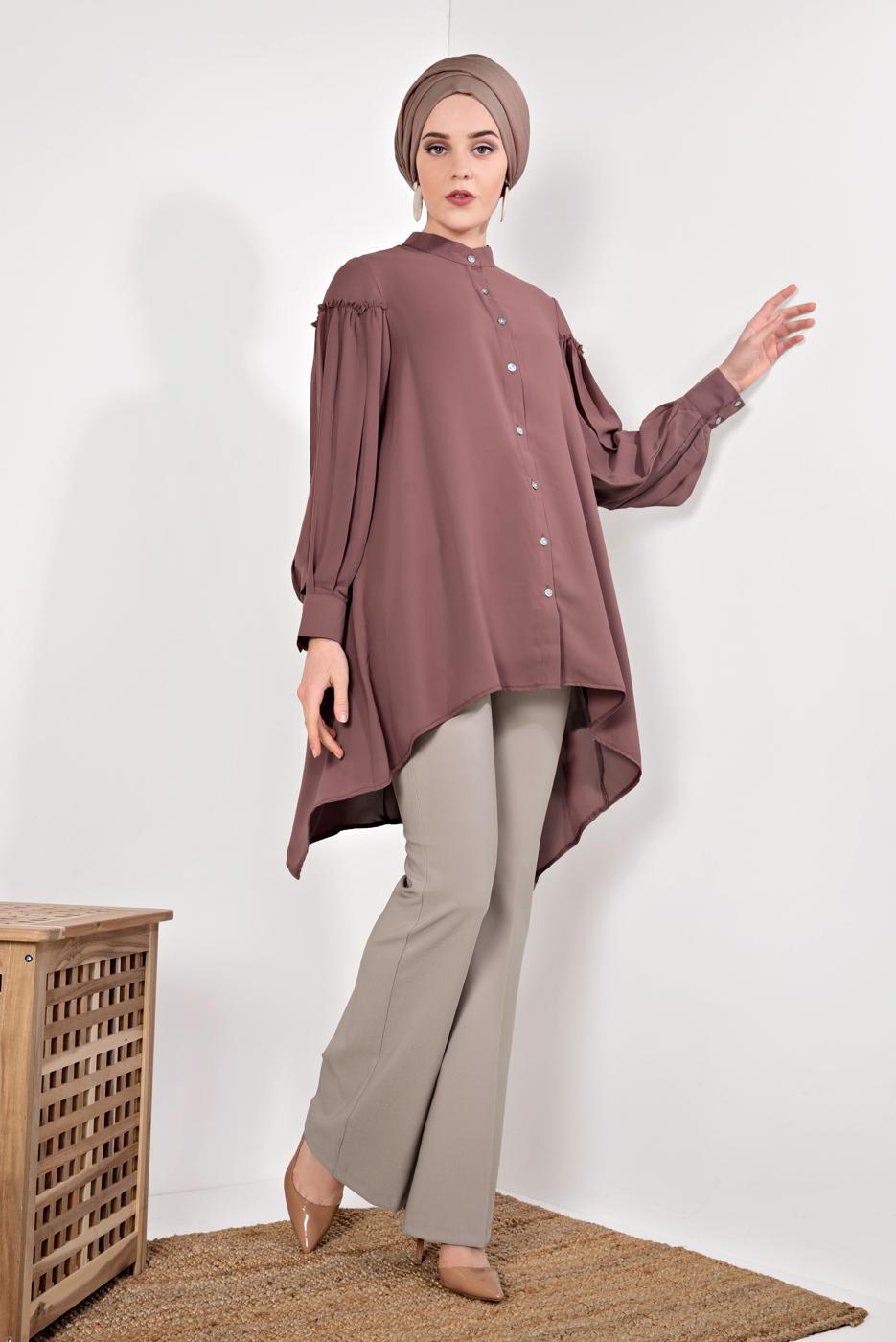 Tesettür giyim PEMBE KOLLARI PİLİSELİ ASİMETRİK TUNİK T 1826