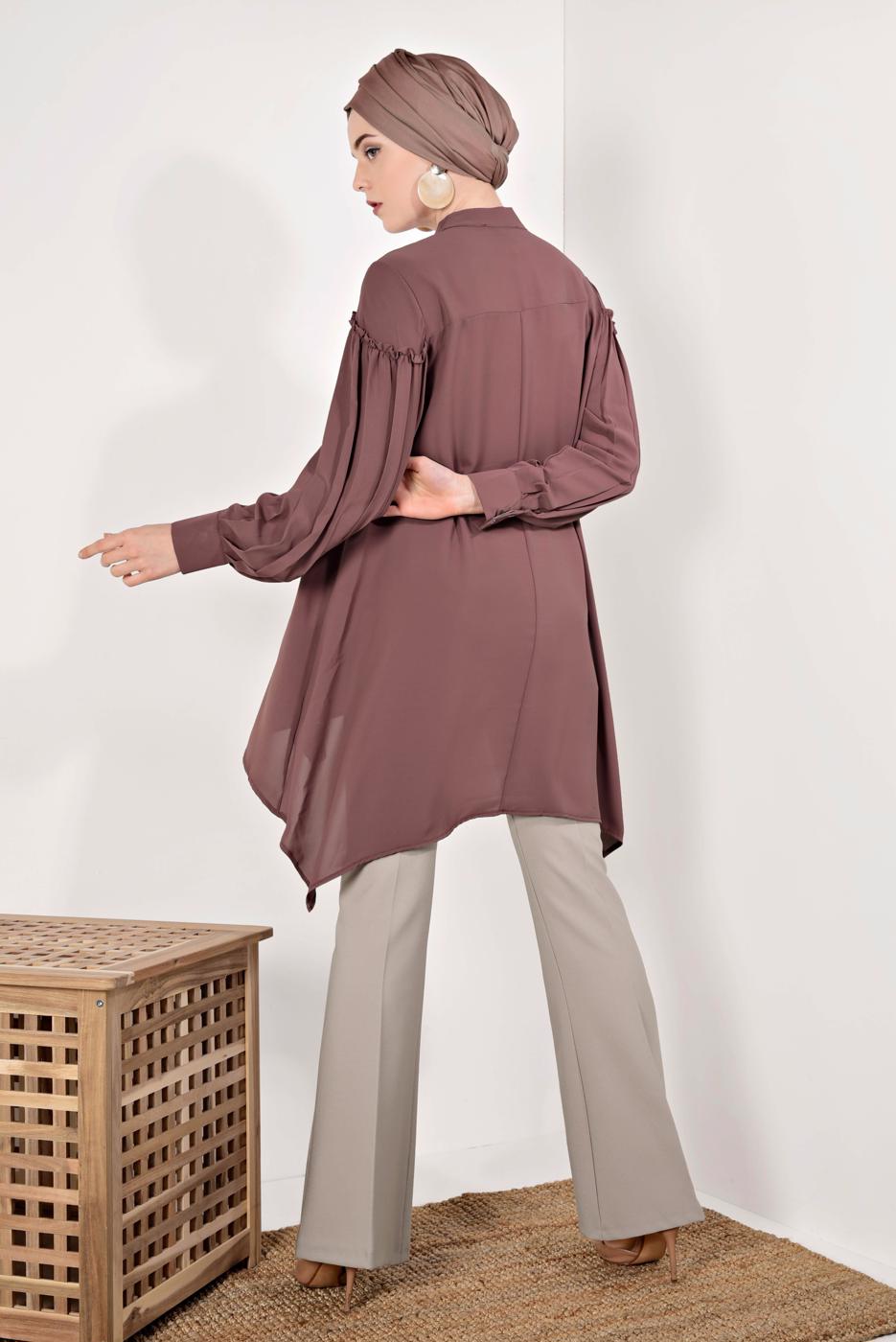 Tesettür giyim PEMBE KOLLARI PİLİSELİ ASİMETRİK TUNİK T 1826