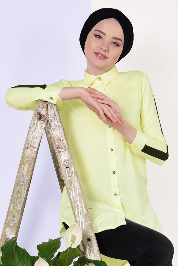 Tesettür giyim  KOLLARI ŞERİTLİ ÖNÜ KISA ARKASI UZUN TUNİK 1881 - TRENDTESETTÜR