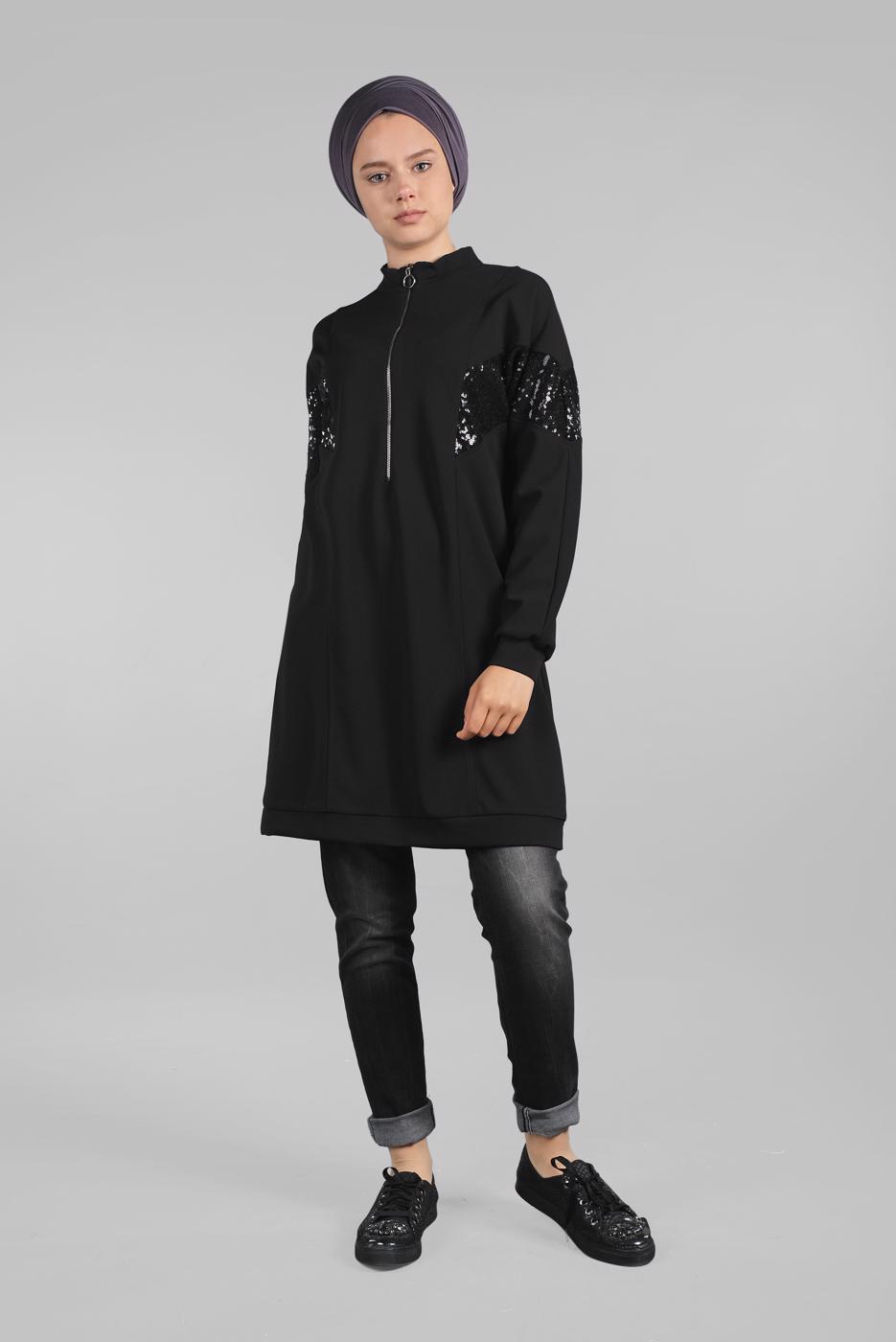 Hijab clothing BLACK ZIPPED SEQUINNED TUNIC 1912