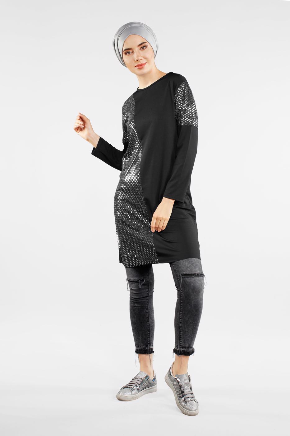 Tesettür giyim SİYAH PULLU TUNİK 2062