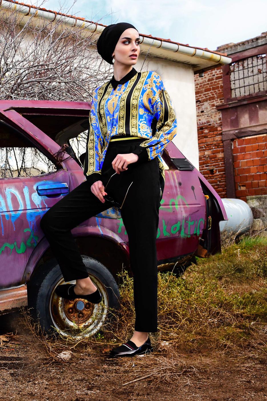 Vêtements hijab NOIR TUNIQUE CHEMISE À ÉTHNIQUE 2102