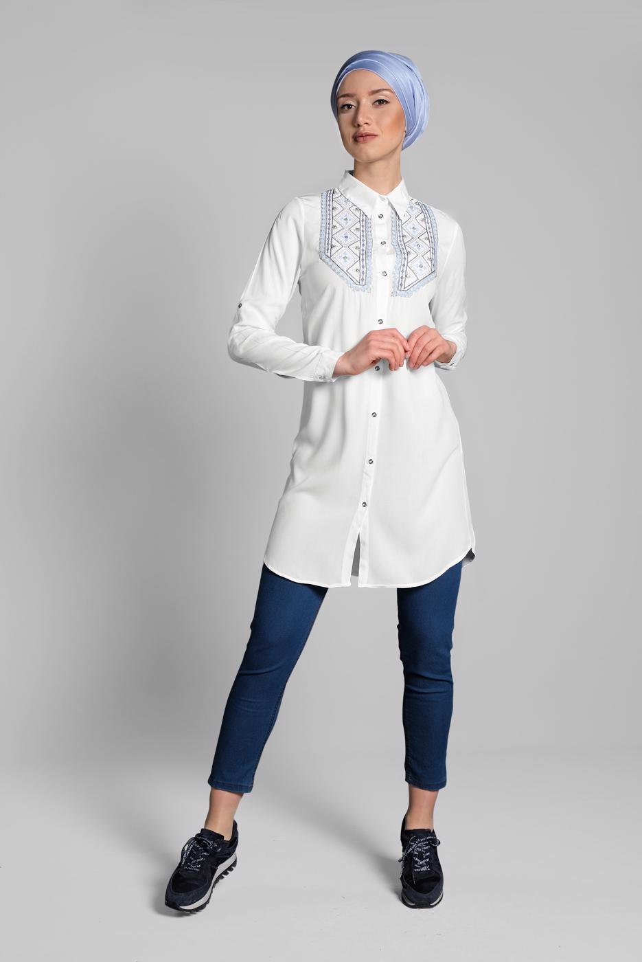 Vêtements hijab BLANC TUNIQUE EN COTON BRODÉE 2174 