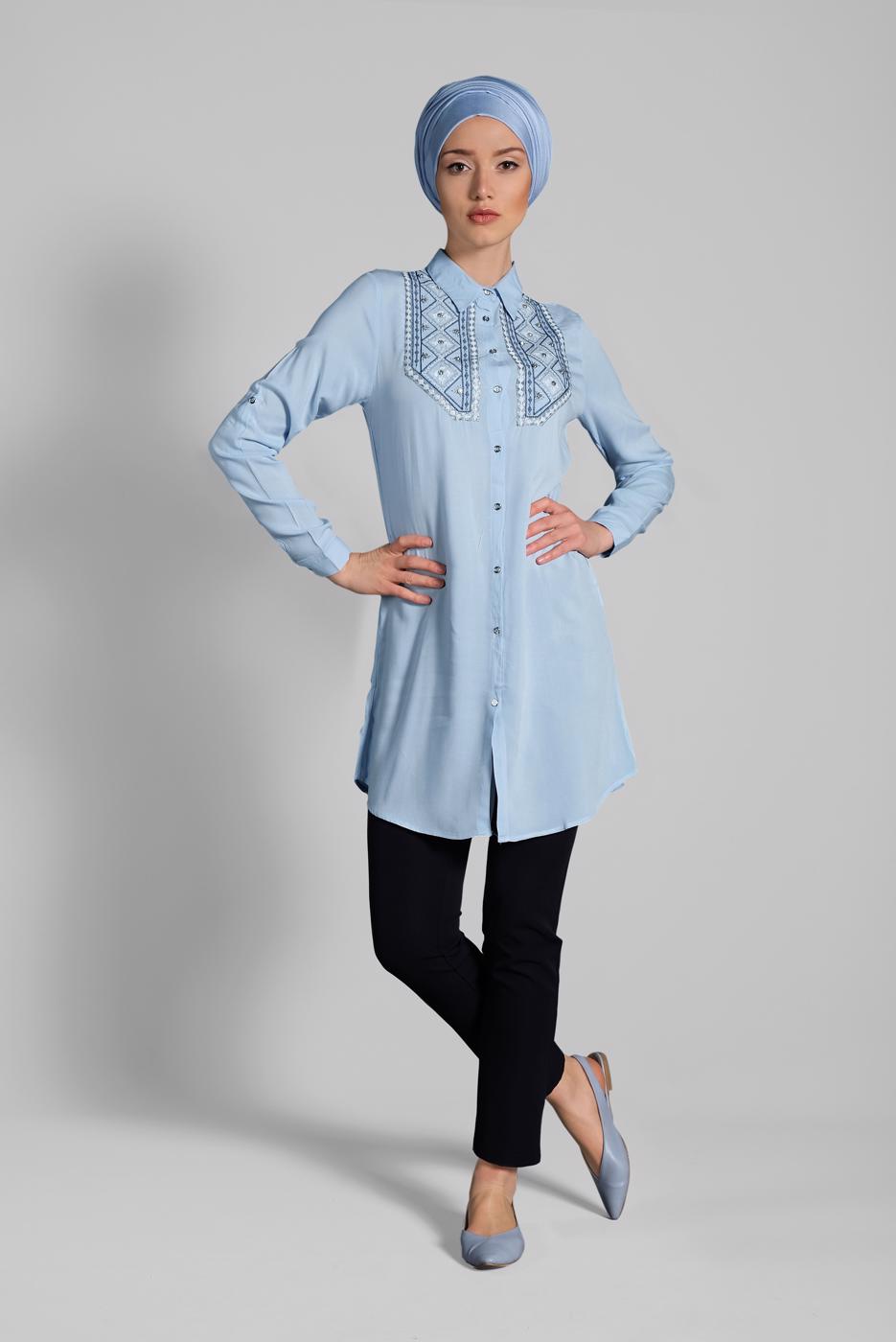 Vêtements hijab BLEU TUNIQUE EN COTON BRODÉE 2174 