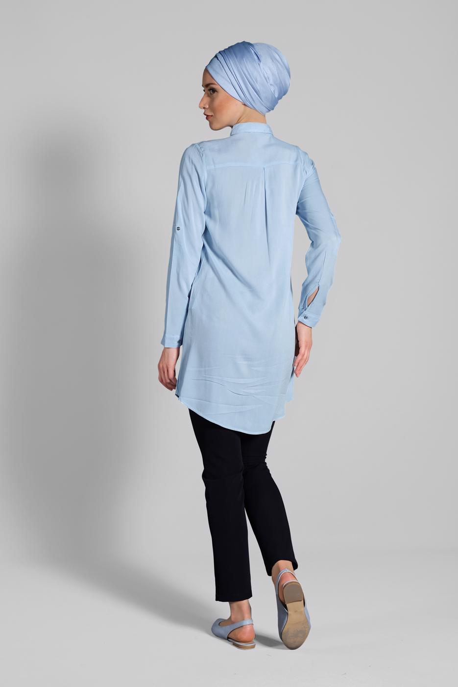 Vêtements hijab BLEU TUNIQUE EN COTON BRODÉE 2174 