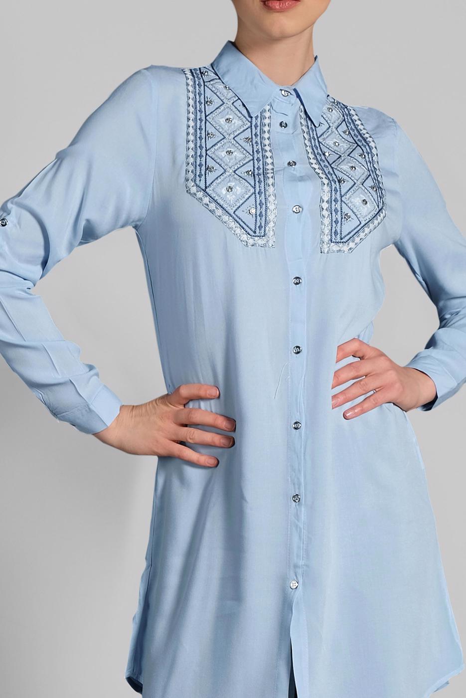 Vêtements hijab BLEU TUNIQUE EN COTON BRODÉE 2174 